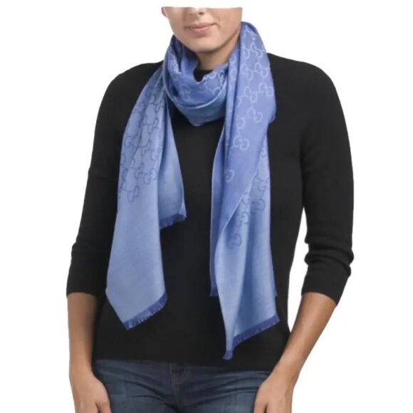 Gucci Wool & Silk Monogram GG Logo Scarf in Blue, New with Tag